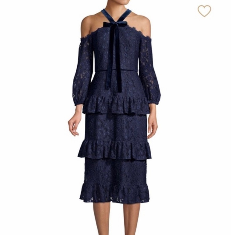 NWT Aidan Mattox Halter Cold Shoulder Tiered Lace Dress Long Sleeve Blue Sz 0